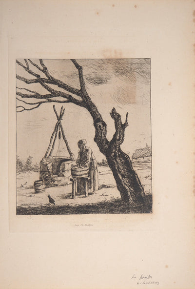 Henri GUERARD : Le puits, Lavage au puits - Gravure (détail)