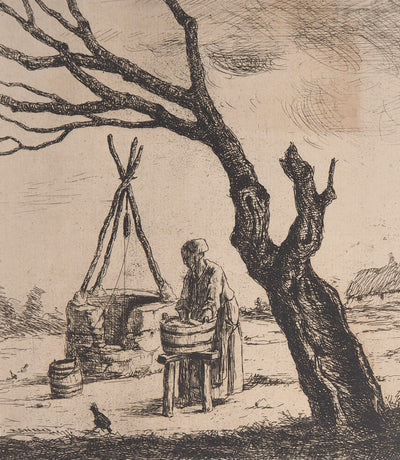 Henri GUERARD : Le puits, Lavage au puits - Gravure (détail)