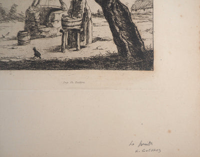 Henri GUERARD : Le puits, Lavage au puits - Gravure (détail)