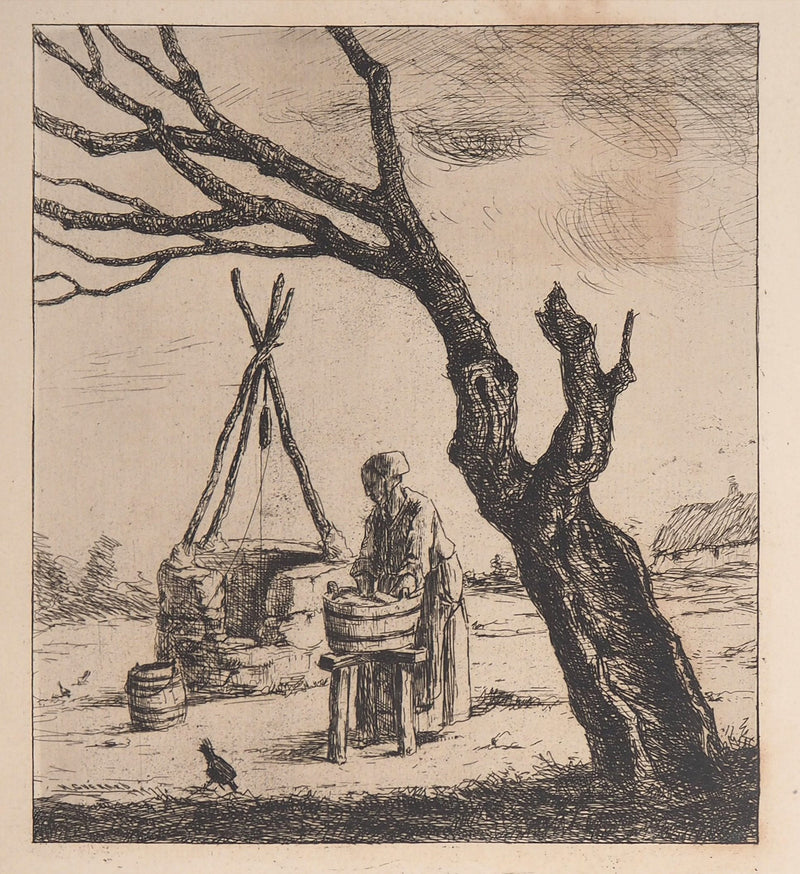 Henri GUERARD : Le puits, Lavage au puits - Gravure (détail)