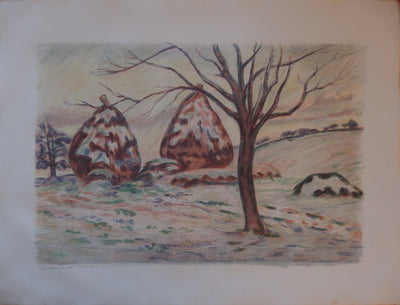 Armand GUILLAUMIN : Les Meules en hiver à Palaiseau (vers 1898) - Lithographie