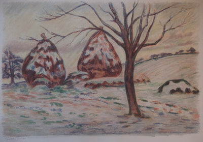 Armand GUILLAUMIN : Les Meules en hiver à Palaiseau (vers 1898) - Lithographie (détail)