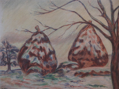 Armand GUILLAUMIN : Les Meules en hiver à Palaiseau (vers 1898) - Lithographie (détail)