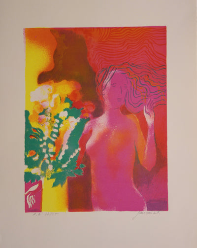 Paul GUIRAMAND : Nu au bouquet - Lithographie
