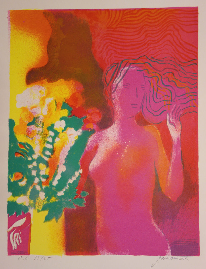 Paul GUIRAMAND : Nu au bouquet - Lithographie (détail)