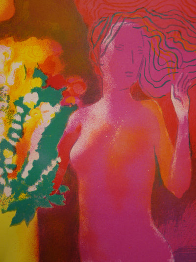 Paul GUIRAMAND : Nu au bouquet - Lithographie (détail)