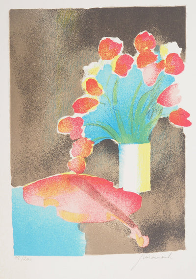 Paul GUIRAMAND : Bouquet de tulipes et le violon - Lithographie