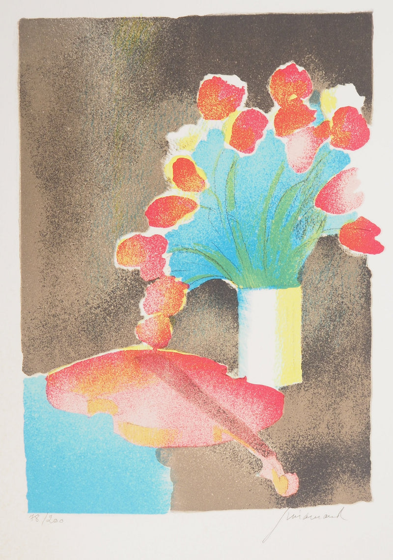 Paul GUIRAMAND : Bouquet de tulipes et le violon - Lithographie