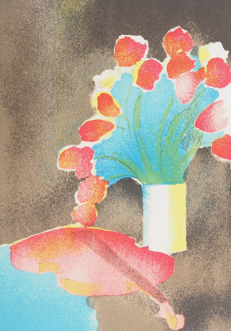 Paul GUIRAMAND : Bouquet de tulipes et le violon - Lithographie (détail)