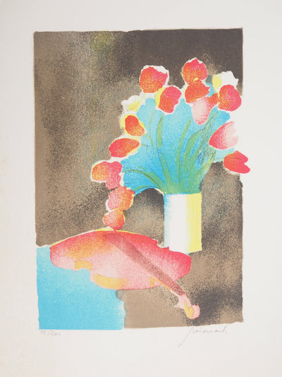 Paul GUIRAMAND : Bouquet de tulipes et le violon - Lithographie (détail)
