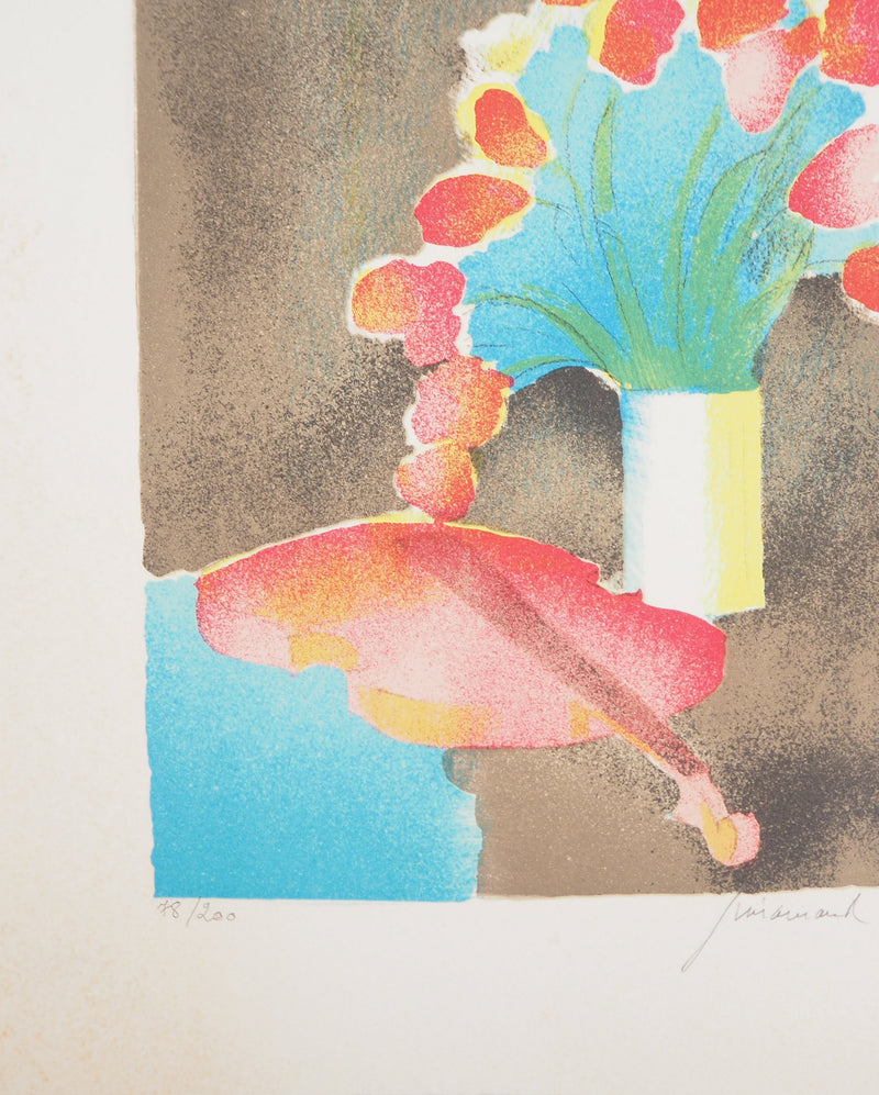 Paul GUIRAMAND : Bouquet de tulipes et le violon - Lithographie (détail)