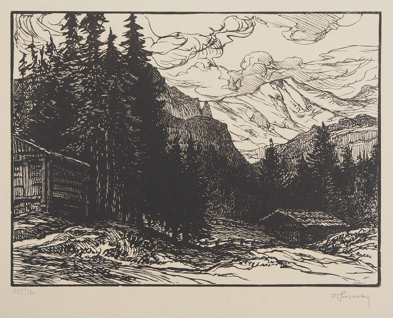 Pierre GUSMAN : Suisse : La Jungfrau à Wengen, 1924 - Gravure sur bois