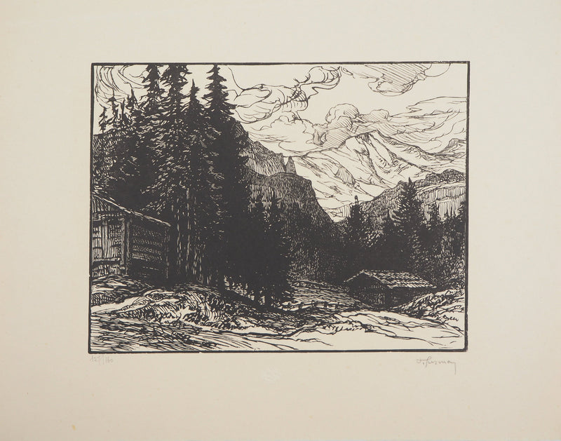 Pierre GUSMAN : Suisse : La Jungfrau à Wengen, 1924 - Gravure sur bois (détail)