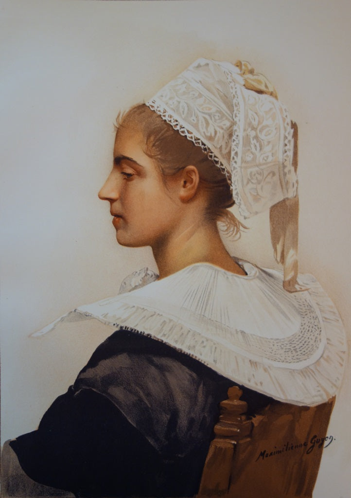Maximilienne GUYON : La coiffe en dentelles - Lithographie (détail)