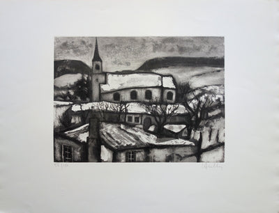 Jacques HALLEZ : Le village sous la neige - Gravure