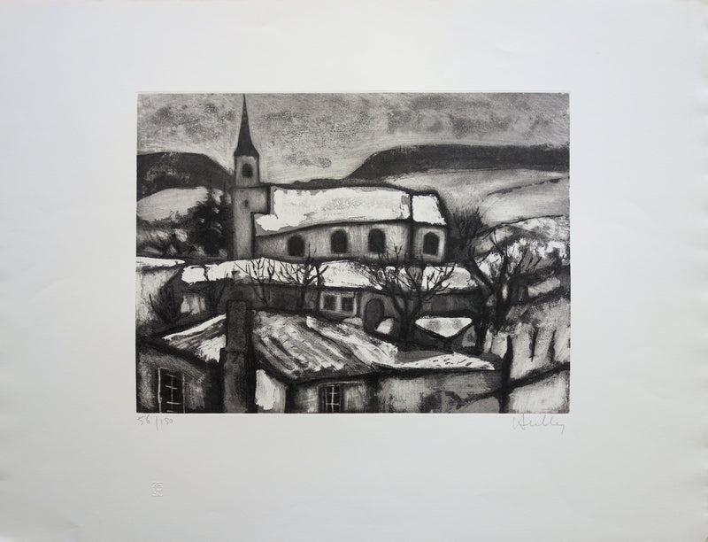 Jacques HALLEZ : Le village sous la neige - Gravure