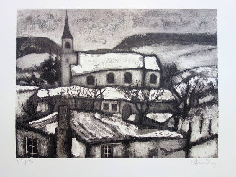 Jacques HALLEZ : Le village sous la neige - Gravure (détail)