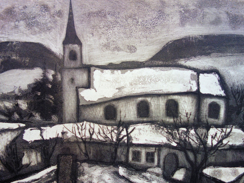 Jacques HALLEZ : Le village sous la neige - Gravure (détail)