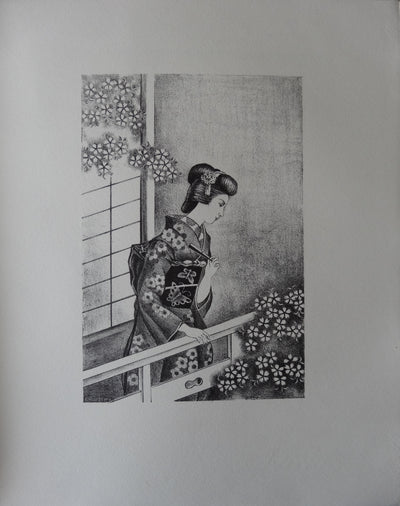 Kiyoshi HASEGAWA : Japonaise à l'éventail (Umé-Ko), Lithographie originale (vue générale) - Crédit photo : Galerie Art.Paris