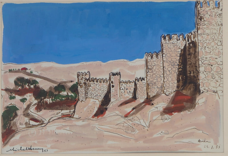 Michel HENRY : Espagne : Vue sur Avila, 1953 - Aquarelle (détail)