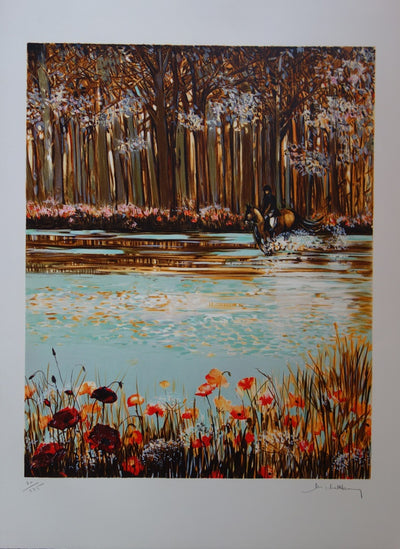 Michel HENRY : Cavalier dans le sous bois aux coquelicots - Lithographie