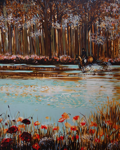 Michel HENRY : Cavalier dans le sous bois aux coquelicots - Lithographie (détail)