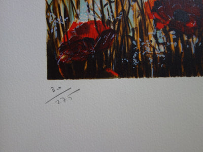 Michel HENRY : Cavalier dans le sous bois aux coquelicots - Lithographie (détail)