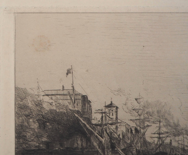 Jules HEREAU : Vue de port, 1874 - Gravure (détail)