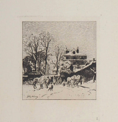 Jules HEREAU : Station d'Omnibus aux Batignolles (Effet de neige), 1874 - Gravure