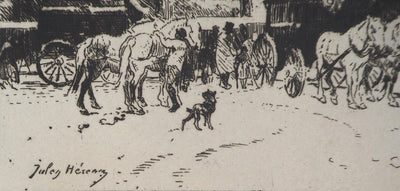Jules HEREAU : Station d'Omnibus aux Batignolles (Effet de neige), 1874 - Gravure (détail)