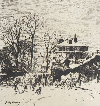 Jules HEREAU : Station d'Omnibus aux Batignolles (Effet de neige), 1874 - Gravure (détail)