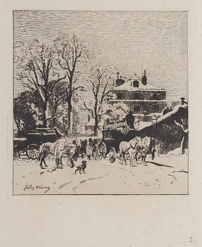Jules HEREAU : Station d'Omnibus aux Batignolles (Effet de neige), 1874 - Gravure (détail)