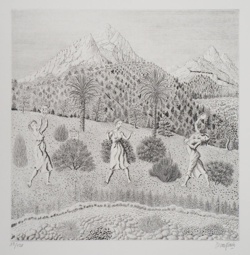 Jacques HOUPLAIN : Les trois grâces devant la montagne - Gravure
