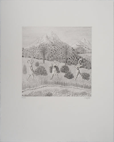 Jacques HOUPLAIN : Les trois grâces devant la montagne - Gravure (détail)