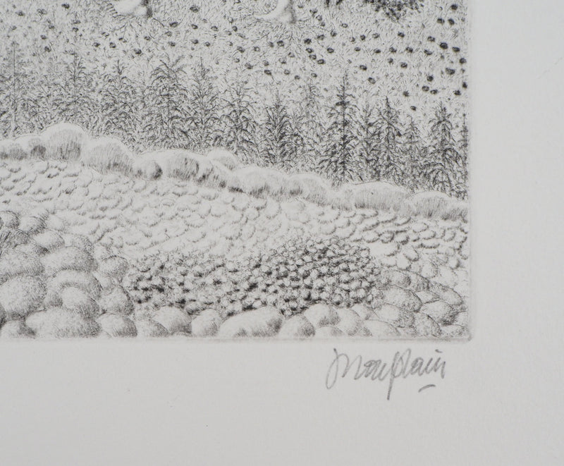 Jacques HOUPLAIN : Les trois grâces devant la montagne - Gravure (détail)