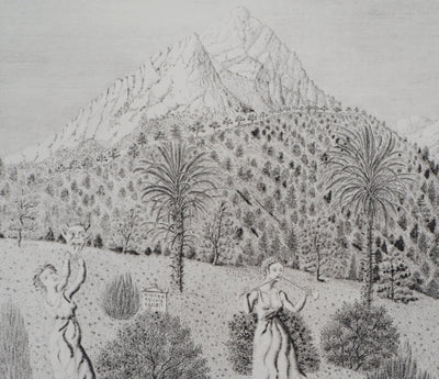 Jacques HOUPLAIN : Les trois grâces devant la montagne - Gravure (détail)