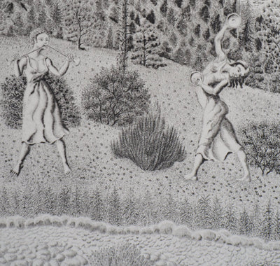Jacques HOUPLAIN : Les trois grâces devant la montagne - Gravure (détail)