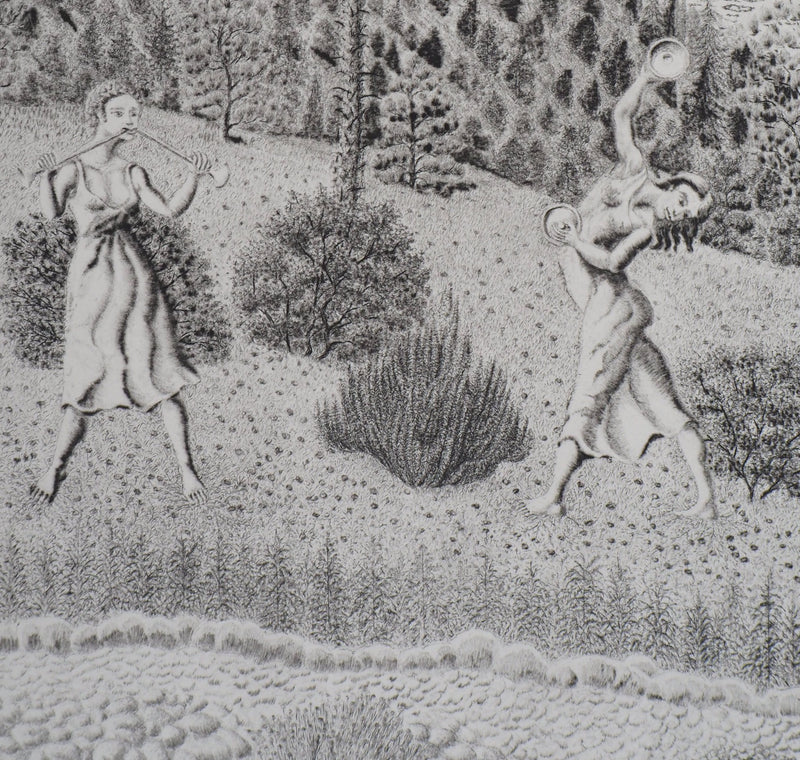 Jacques HOUPLAIN : Les trois grâces devant la montagne - Gravure (détail)