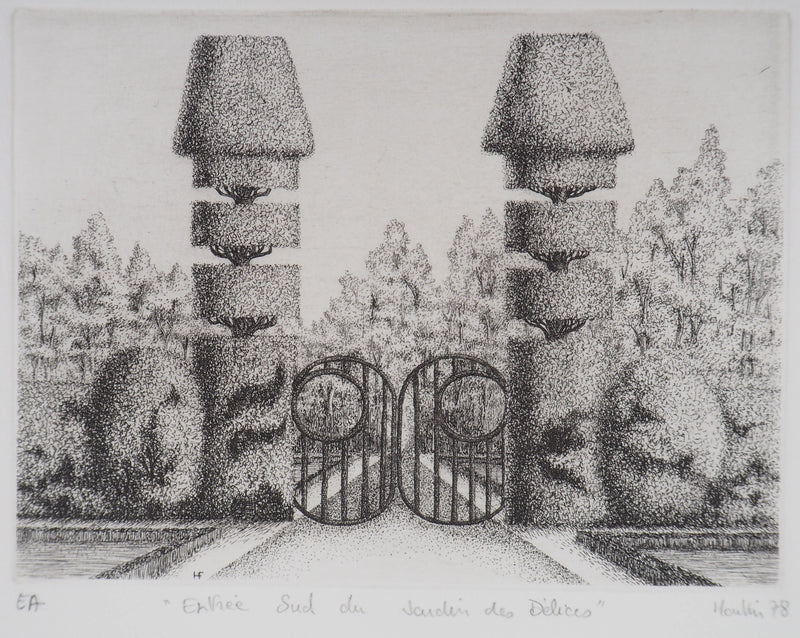 François HOUTIN : Entrée Sud du jardin des délices, 1978 - Gravure