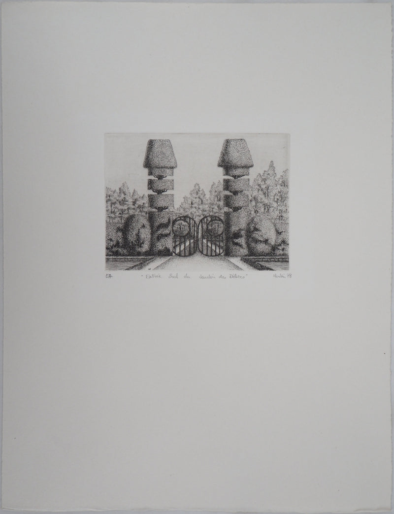 François HOUTIN : Entrée Sud du jardin des délices, 1978 - Gravure (détail)