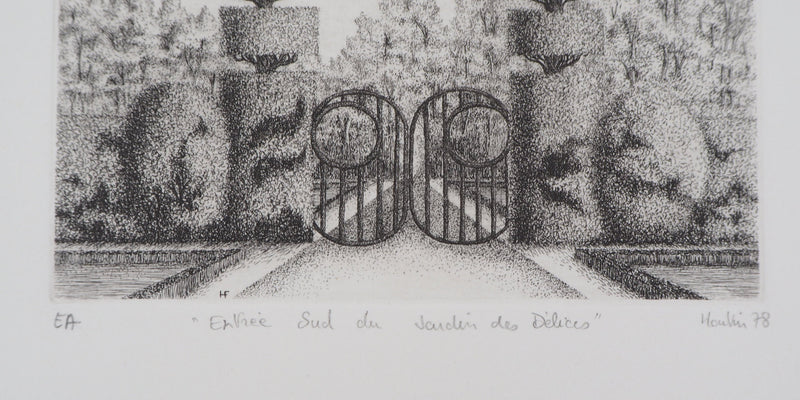 François HOUTIN : Entrée Sud du jardin des délices, 1978 - Gravure (détail)