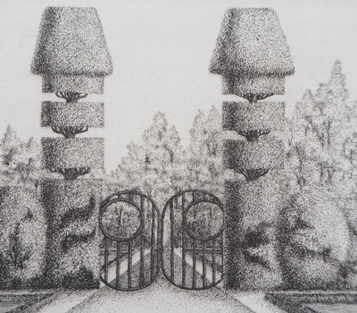 François HOUTIN : Entrée Sud du jardin des délices, 1978 - Gravure (détail)