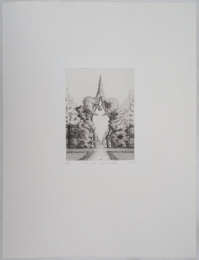 François HOUTIN : Entrée Ouest du jardin des délices, 1979 - Gravure (détail)