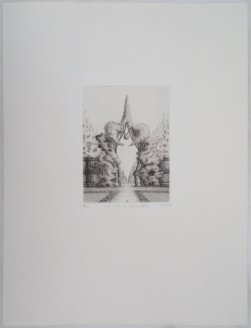François HOUTIN : Entrée Ouest du jardin des délices, 1979 - Gravure (détail)