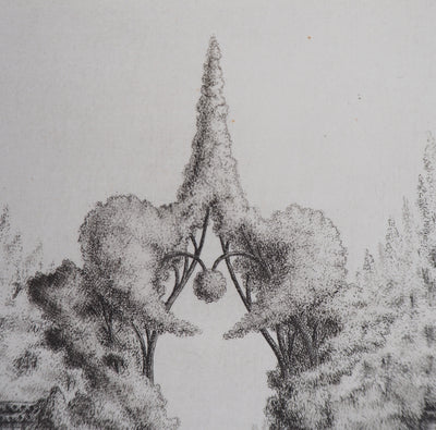 François HOUTIN : Entrée Ouest du jardin des délices, 1979 - Gravure (détail)