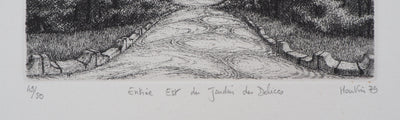 François HOUTIN : Entrée Est du jardin des délices, 1979 - Gravure (détail)