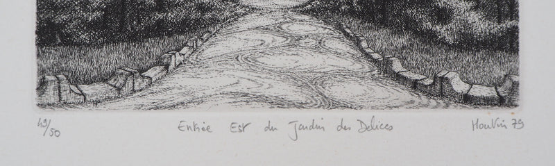 François HOUTIN : Entrée Est du jardin des délices, 1979 - Gravure (détail)