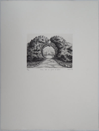 François HOUTIN : Entrée Est du jardin des délices, 1979 - Gravure (détail)