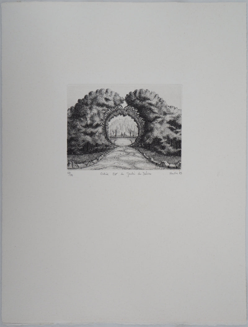 François HOUTIN : Entrée Est du jardin des délices, 1979 - Gravure (détail)