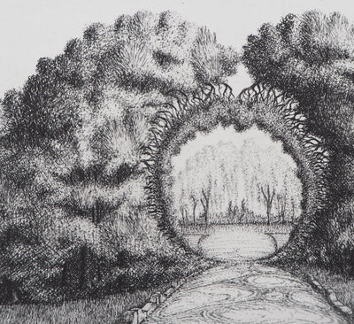 François HOUTIN : Entrée Est du jardin des délices, 1979 - Gravure (détail)